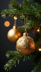 Golden ornaments hanging from a fir tree branch in a warm atmosphere, shine, snowflakes, sparkling lights
