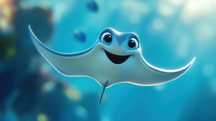 Happy 3D cartoon stingray gliding playfully, set against a dreamy, light blue oceanic background
