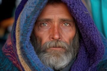 portrait, look of an elderly houseless man wrapped in warm clothes