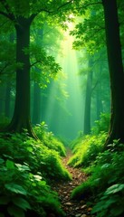 Obraz premium Lush greenery of a dense forest with sunlight filtering, greenery, nature