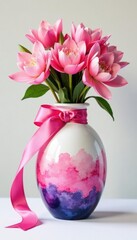 Obraz premium Pink ribbon wrapped around a watercolor-painted vase, wrapping, watercolor