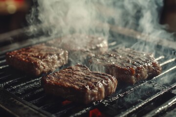 Juicy steaks sizzling on a hot grill with smoke rising, showcasing perfect grill marks and rich texture in a mouthwatering cooking scene