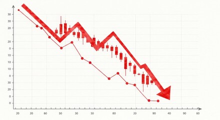 Naklejka premium Downward Trend in Financial Chart with Red Arrows and Candlestick Patterns - This colorful illustration shows a downward trend in a financial chart with red arrows, candlestick patterns