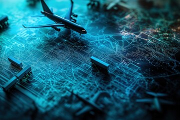 Futuristic digital representation of air traffic control with glowing blue circuits, airplanes, and airport infrastructure, symbolizing aviation technology and global connectivity