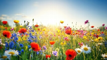 vibrant wildflower meadow in summer sunlight