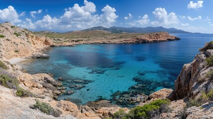 Fototapeta premium A panoramic view of a secluded cove, with rugged cliffs framing a tranquil beach and azure waters gently lapping at the shore.