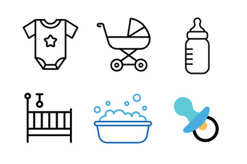 Baby care editable stroke outline icons set isolated on white background. A set of line icons  Baby Care, stroller, bottle, bath icon, Pacifier and so on.
