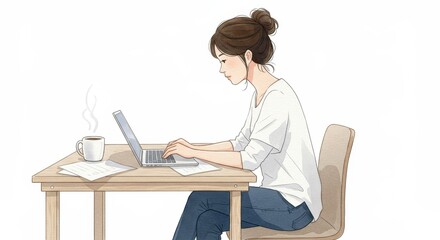 Watercolor Cartoon of a Person Sitting at a Desk with a Computer and Coffee - A watercolor cartoon depicting a person focused on work at a desk with a laptop, coffee cup
