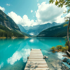 "Turquoise Mountain Lake with Wooden Dock and Forest Reflections"