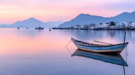 tranquil fishing village along serene bay at sunset