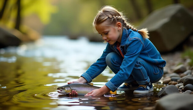 Chield releases a fish into a rocky river