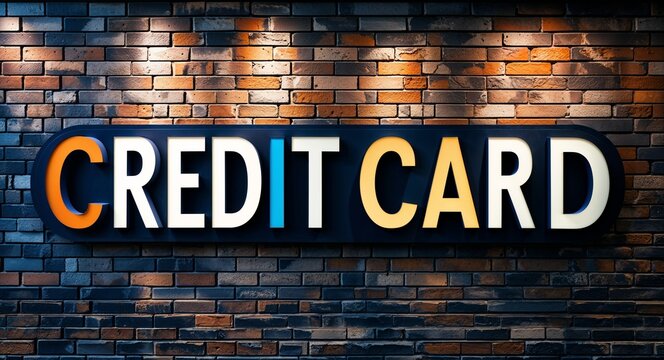 Credit card lettering on a signage in brick wall dark background