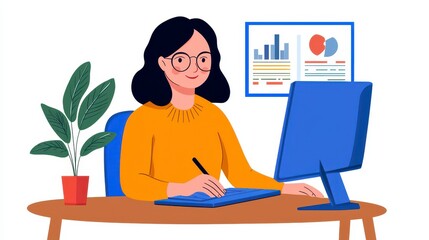 Fototapeta premium Smiling Woman in Yellow Sweater Works at Computer in Pixel Art Style