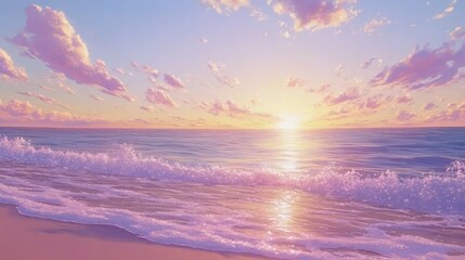 Fototapeta premium A tranquil anime-style beach scene at sunset, with gentle waves lapping against the shore and a colorful sky reflecting on the water.