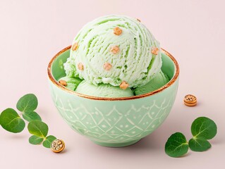 Delicious mint ice cream served in a decorative bowl with edible flowers.