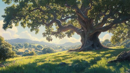 majestic oak tree in sunny meadow landscape