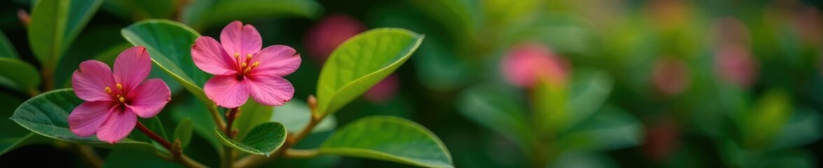 Obraz premium Fresh pink and green foliage with Ixora blooms on a stem, foliage, green