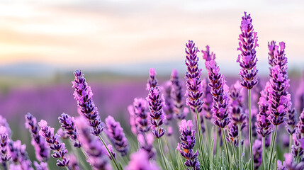 Obraz premium vibrant field of lavender flowers blooming under sunset sky