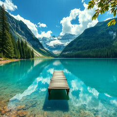 "Turquoise Mountain Lake with Wooden Dock and Forest Reflections"