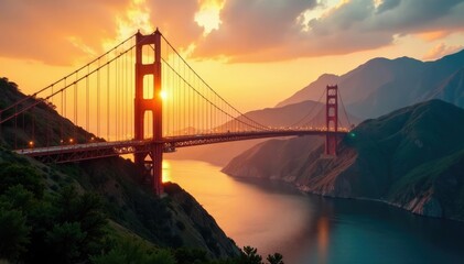 Golden sunset on suspension bridge over mountain river, suspension, bright, sunset