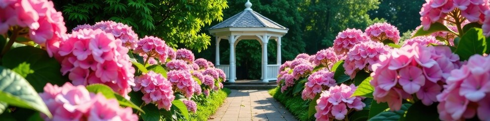 Lush hydrangea flowers in full bloom around the gazebo, pink, hydrangeas, white