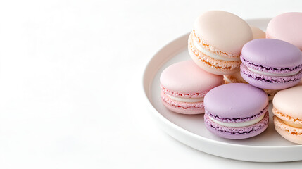 Fototapeta premium Delicious purple and pink macarons arranged on white plate
