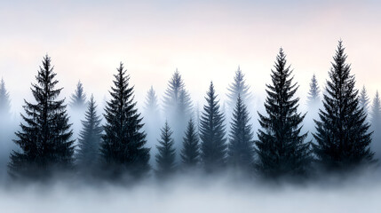 Obraz premium Misty forest with tall trees silhouetted against soft dawn sky