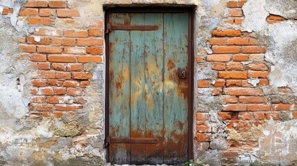 Weathered Wooden Door In A Decaying Brick Wall