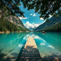 "Turquoise Mountain Lake with Wooden Dock and Forest Reflections"