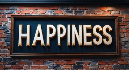 Obraz premium happiness lettering on a signage in brick wall dark background