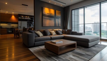 A modern living room with a large sectional sofa, a low coffee table, and a bookshelf, overlooking a cityscape through large windows.