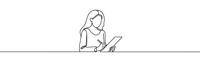 Woman with clipboard continuous one line drawing. Planning concept in simple linear style. Vector illustration.