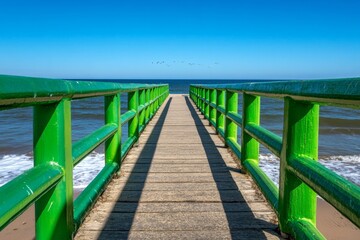 Fototapeta premium A long pier stretching out into the sea, with seagulls flying overhead