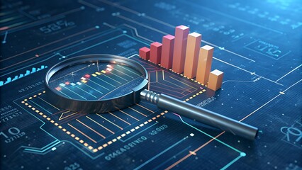 Financial analysis, magnifying glass, colorful bar charts, glowing digital circuit board, data visualization