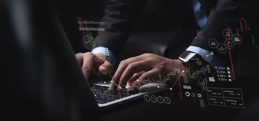 Business, finance and investment concept. Finance analyst using digital tablet touching on business growth graph chart on virtual screen, asset management, data analysis, business target and plan