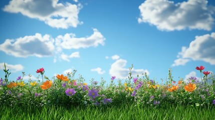 Obraz premium Colorful Flower Meadow with Blue Sky and Fluffy Clouds Background