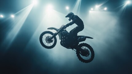 Fototapeta premium Motocross rider leaps in arena spotlights