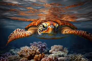 Obraz premium Stunning Underwater Sea Turtle Swimming in Vibrant Coral Reef Habitat - Marine Life Photography