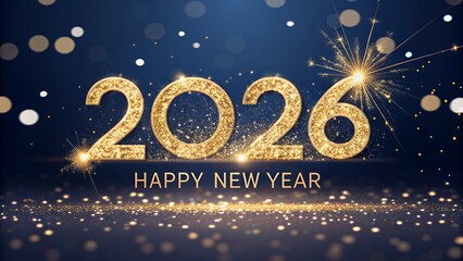 Glittering gold 2026 numbers, sparkling Happy New Year text, dark blue background