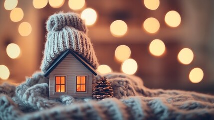 Cozy winter home miniature on warm knit blanket