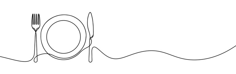 Plate with knife and fork continuous one line drawing. Tableware, dinnerservice, menu concept in simple linear style. Vector illustration.