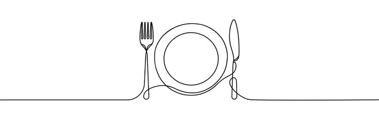 Plate with knife and fork continuous one line drawing. Tableware, dinnerservice, menu concept in simple linear style. Vector illustration.