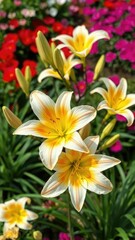 Fototapeta premium Blooming Royal Trinity lilies in a garden bed, garden bed, floral, blossoms