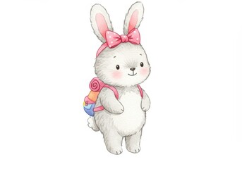 Obraz premium Cute Cartoon Rabbit with Pink Bow and Backpack - A cute cartoon rabbit with a pink bow and backpack standing upright, perfect for children's illustrations, embodying playfulness, adventure, joy