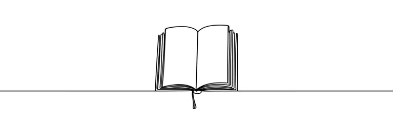 Open book continuous one line drawing. Bookstore, library sign in simple linear style. Vector illustration.