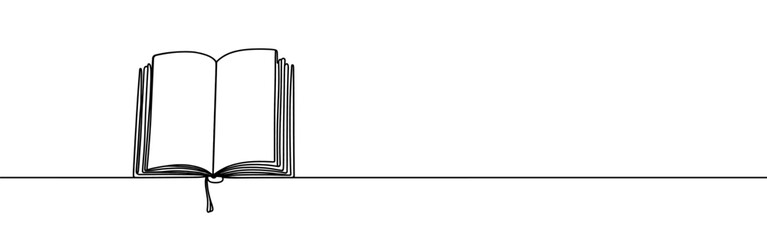 Open book continuous one line drawing. Bookstore, library sign in simple linear style. Vector illustration.