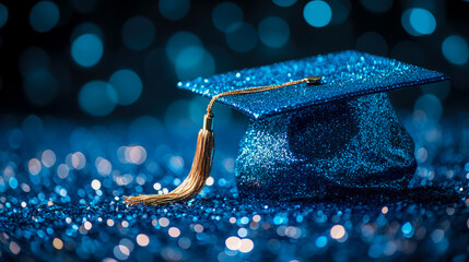 Sparkling Success: Graduation Cap Still Life, Celebrating Academic Achievement with a Blue Glitter Finish, Ideal for a Congratulations Card