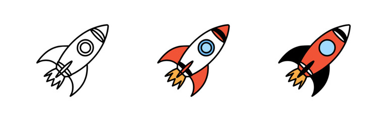 Rocket icons set. Spaceship, rocket launch symbols collection. Vector illustration.