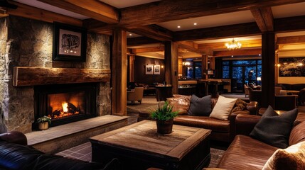 A cozy hotel lobby with a rustic charm, featuring wooden beams, a stone fireplace, and comfortable leather sofas arranged around a coffee table.