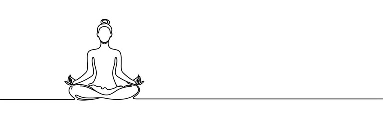 Woman sitting in meditation continuous one line drawing. Yoga sign in simple linear style. Vector illustration.